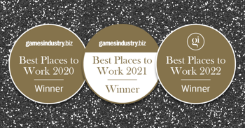 A textured background with three logos which read: "gamesindustry.biz Best Places to Work 2020 Winner", "gamesindustry.biz Best Places to Work 2021 Winner" and "gamesindustry.biz Best Places to Work 2022 Winner"